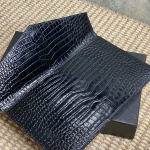 YSL 22s Uptown Pouch Clutch Bag Black Croc Embossed Leather Sliver HW