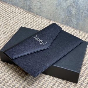 YSL 22s Uptown Pouch Clutch Bag Black Cowhide Sliver HW