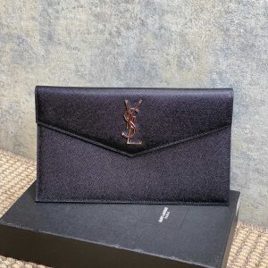 YSL 22s Uptown Pouch Clutch Bag Black Cowhide Sliver HW