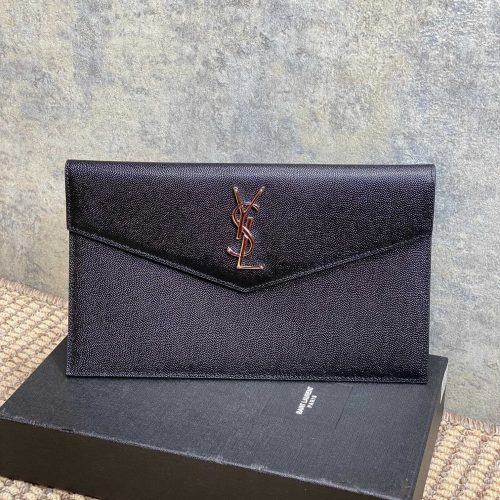 YSL 22s Uptown Pouch Clutch Bag Black Cowhide Sliver HW