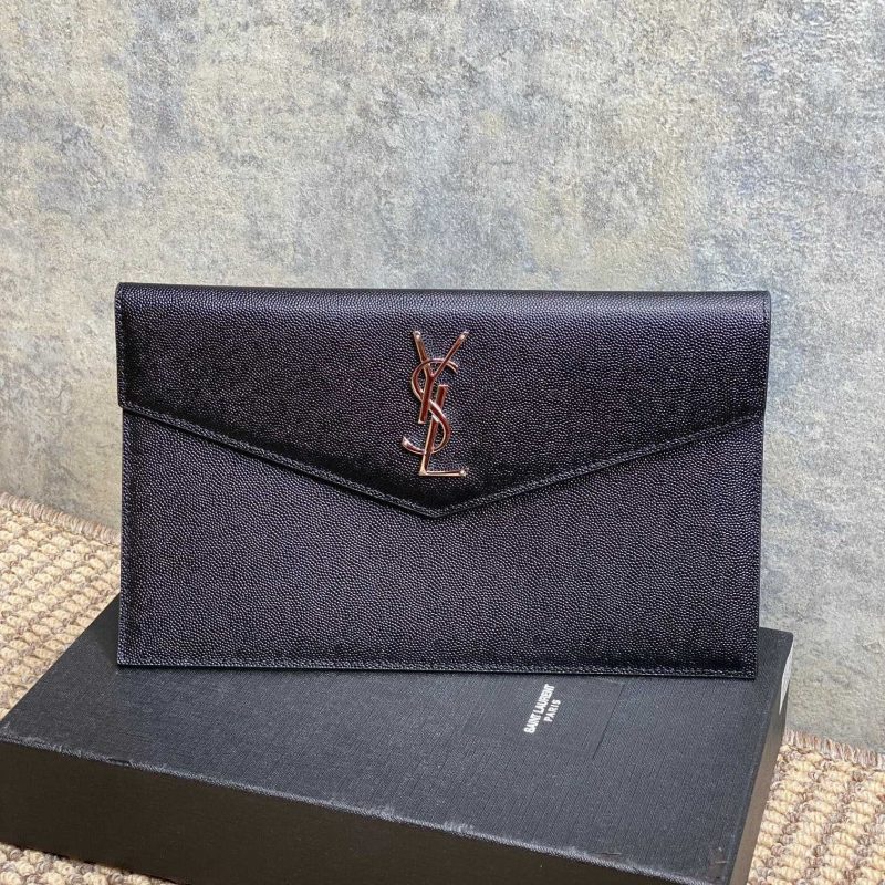 YSL 22s Uptown Pouch Clutch Bag Black Cowhide Sliver HW