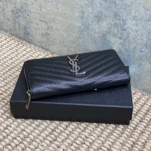 YSL Zippy Long Wallet Black Caviar Cowhide Sliver HW