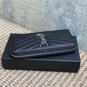 YSL Zippy Long Wallet Black Caviar Cowhide Sliver HW