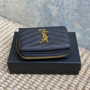 YSL Cassandre Matelassé Compact Zip-Around Wallet Black Caviar Cowhide GHW