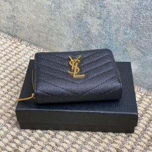 YSL Cassandre Matelassé Compact Zip-Around Wallet Black Caviar Cowhide GHW