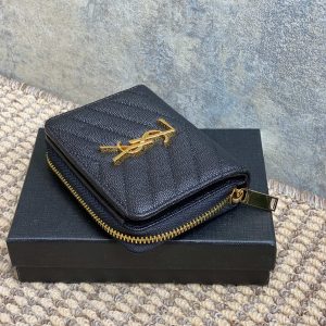 YSL Cassandre Matelassé Compact Zip-Around Wallet Black Caviar Cowhide GHW