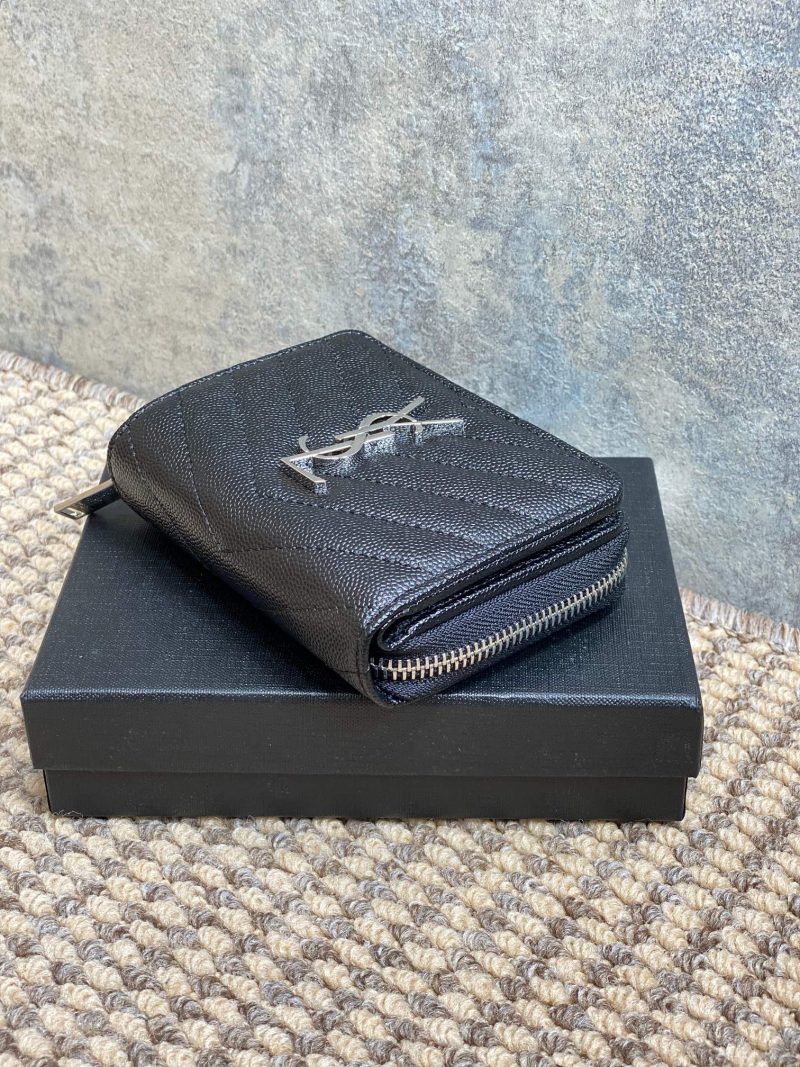 YSL Cassandre Matelassé Compact Zip-Around Wallet Black Caviar Cowhide Sliver HW