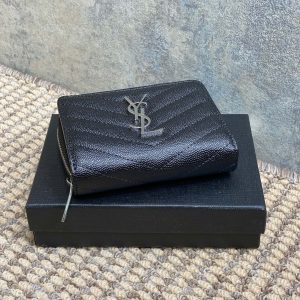 YSL Cassandre Matelassé Compact Zip-Around Wallet Black Caviar Cowhide Sliver HW