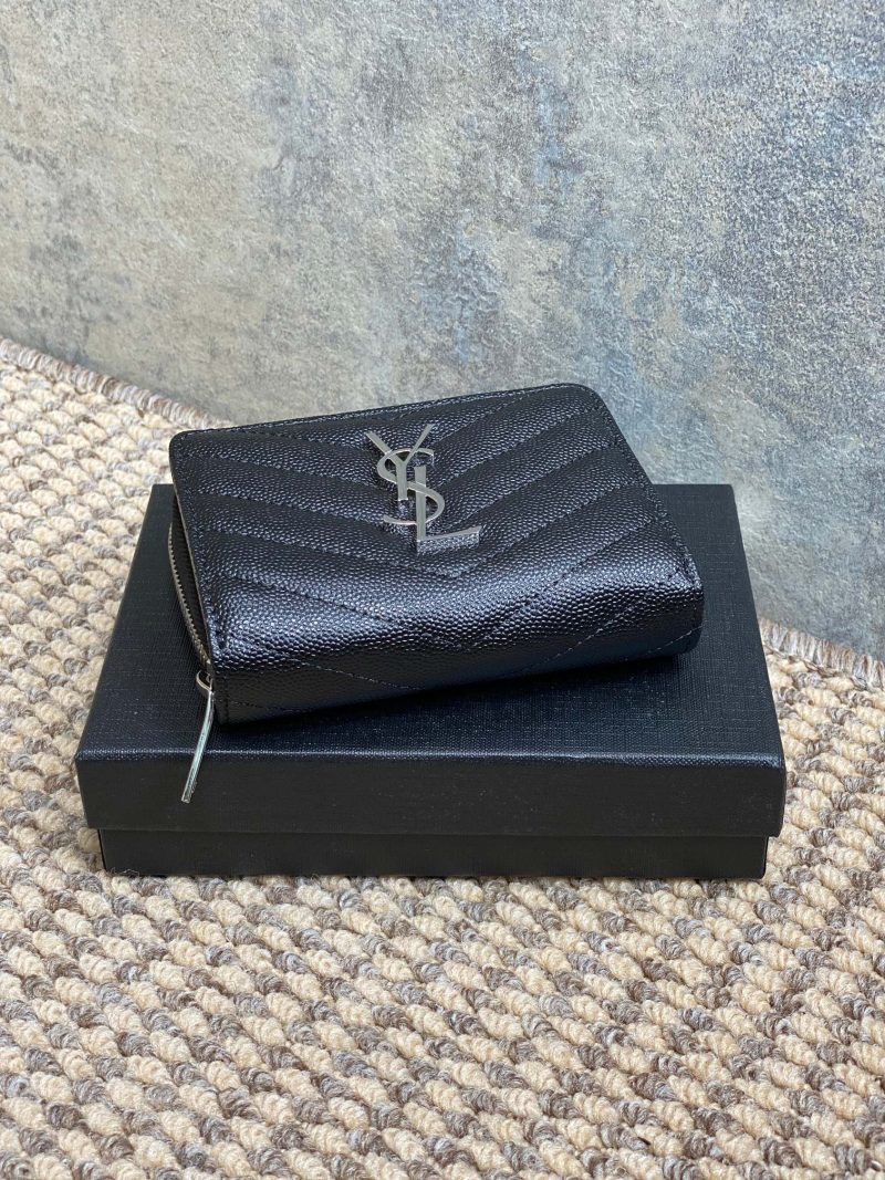 YSL Cassandre Matelassé Compact Zip-Around Wallet Black Caviar Cowhide Sliver HW