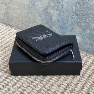 YSL Cassandre Matelassé Compact Zip-Around Wallet Black Caviar Cowhide Sliver HW