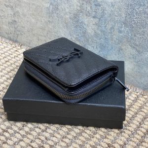 YSL Cassandre Matelassé Compact Zip-Around Wallet Full Black Caviar Cowhide