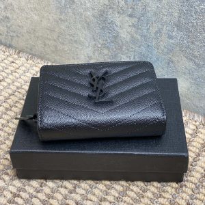 YSL Cassandre Matelassé Compact Zip-Around Wallet Full Black Caviar Cowhide