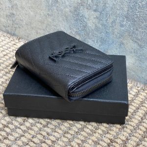 YSL Cassandre Matelassé Compact Zip-Around Wallet Full Black Caviar Cowhide