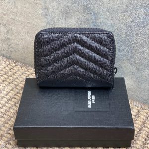 YSL Cassandre Matelassé Compact Zip-Around Wallet Full Black Caviar Cowhide