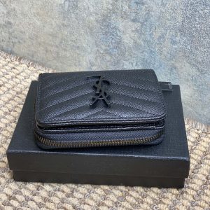 YSL Cassandre Matelassé Compact Zip-Around Wallet Full Black Caviar Cowhide