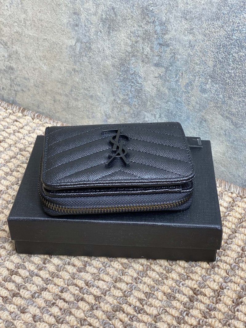 YSL Cassandre Matelassé Compact Zip-Around Wallet Full Black Caviar Cowhide