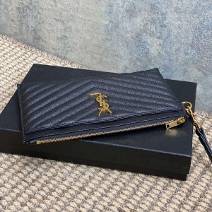 YSL Gold Hardware Logo Zipper Clutch 23cm Black Caviar Cowhide
