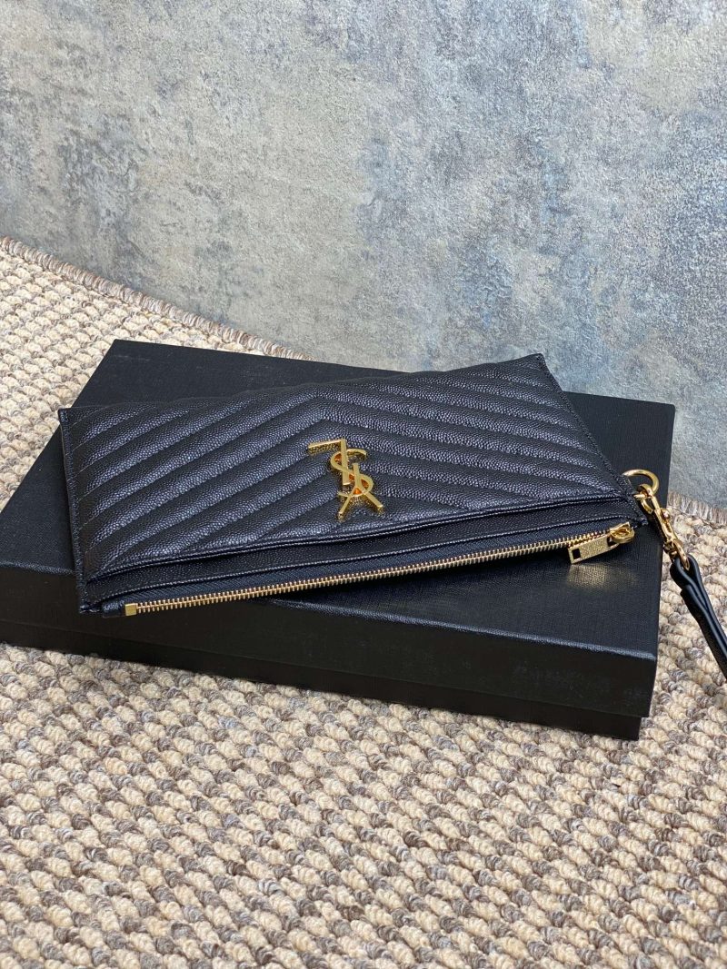 YSL Gold Hardware Logo Zipper Clutch 23cm Black Caviar Cowhide