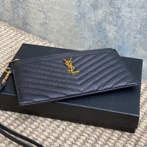 YSL Gold Hardware Logo Zipper Clutch 23cm Black Caviar Cowhide