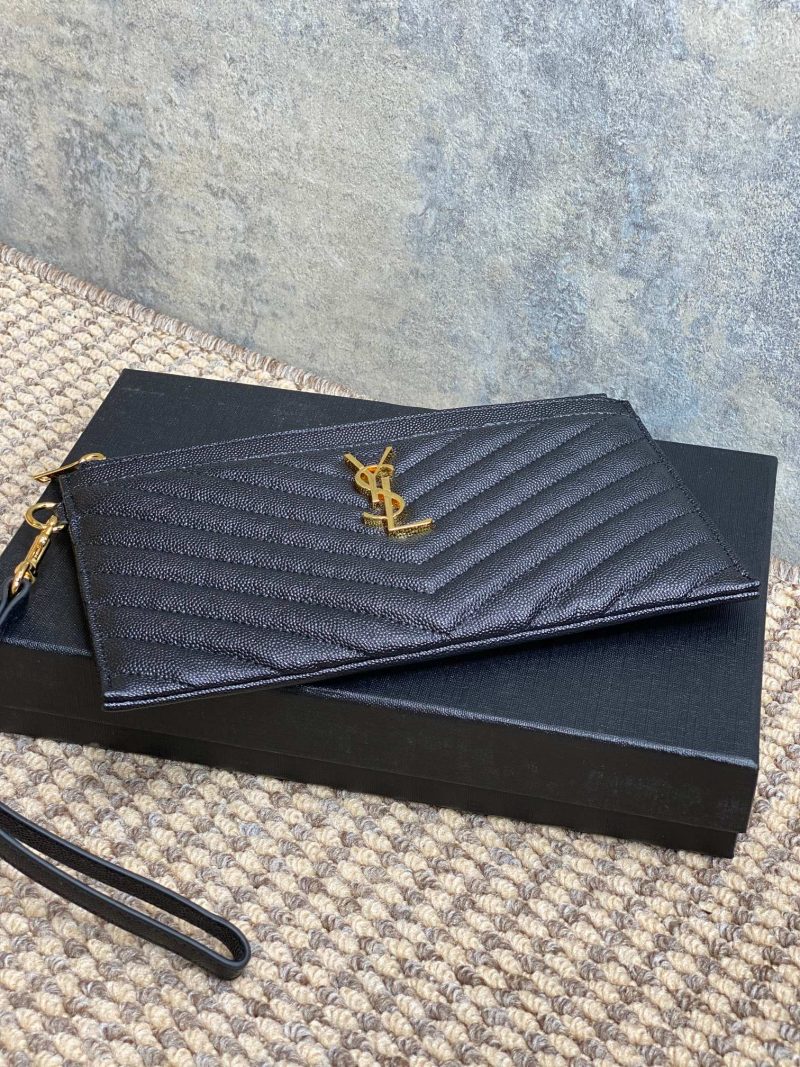 YSL Gold Hardware Logo Zipper Clutch 23cm Black Caviar Cowhide