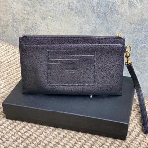 YSL Gold Hardware Logo Zipper Clutch 23cm Black Caviar Cowhide