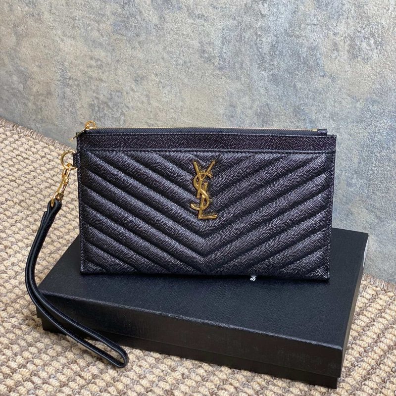 YSL Gold Hardware Logo Zipper Clutch 23cm Black Caviar Cowhide