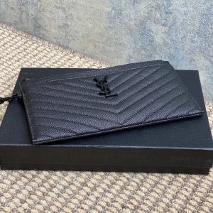 YSL Black Hardware Logo Zipper Clutch 23cm Black Caviar Cowhide