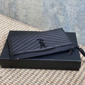 YSL Black Hardware Logo Zipper Clutch 23cm Black Caviar Cowhide