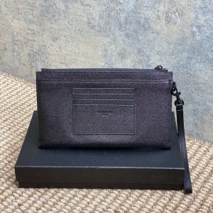 YSL Black Hardware Logo Zipper Clutch 23cm Black Caviar Cowhide