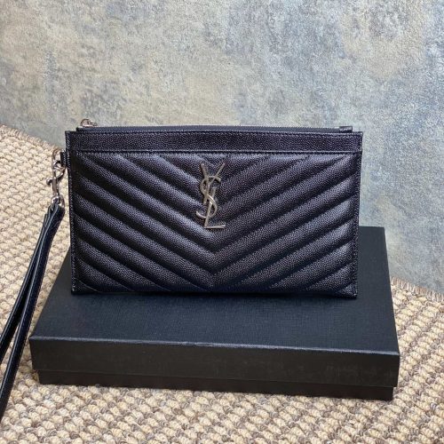 YSL Hardware Logo Zipper Clutch 23cm Black Caviar Cowhide