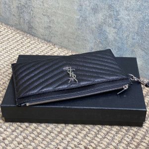 YSL Hardware Logo Zipper Clutch 23cm Black Caviar Cowhide