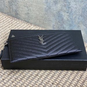 YSL Hardware Logo Zipper Clutch 23cm Black Caviar Cowhide