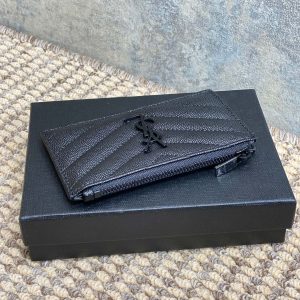 YSL Zip Coin Case With Card Full Black Caviar Cowhide GHW