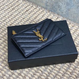 YSL Zip Coin Case With Card Black Caviar Cowhide GHW