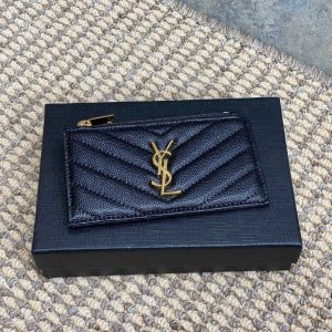 YSL Zip Coin Case With Card Black Caviar Cowhide GHW