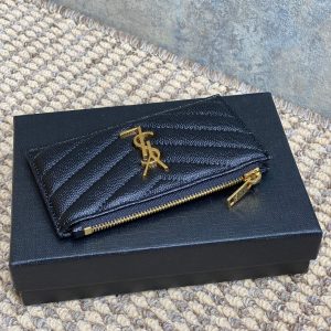 YSL Zip Coin Case With Card Black Caviar Cowhide GHW