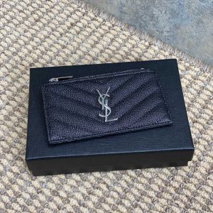 YSL Zip Coin Case With Card Black Caviar Cowhide Sliver HW