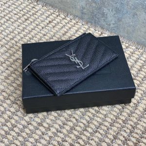 YSL Zip Coin Case With Card Black Caviar Cowhide Sliver HW