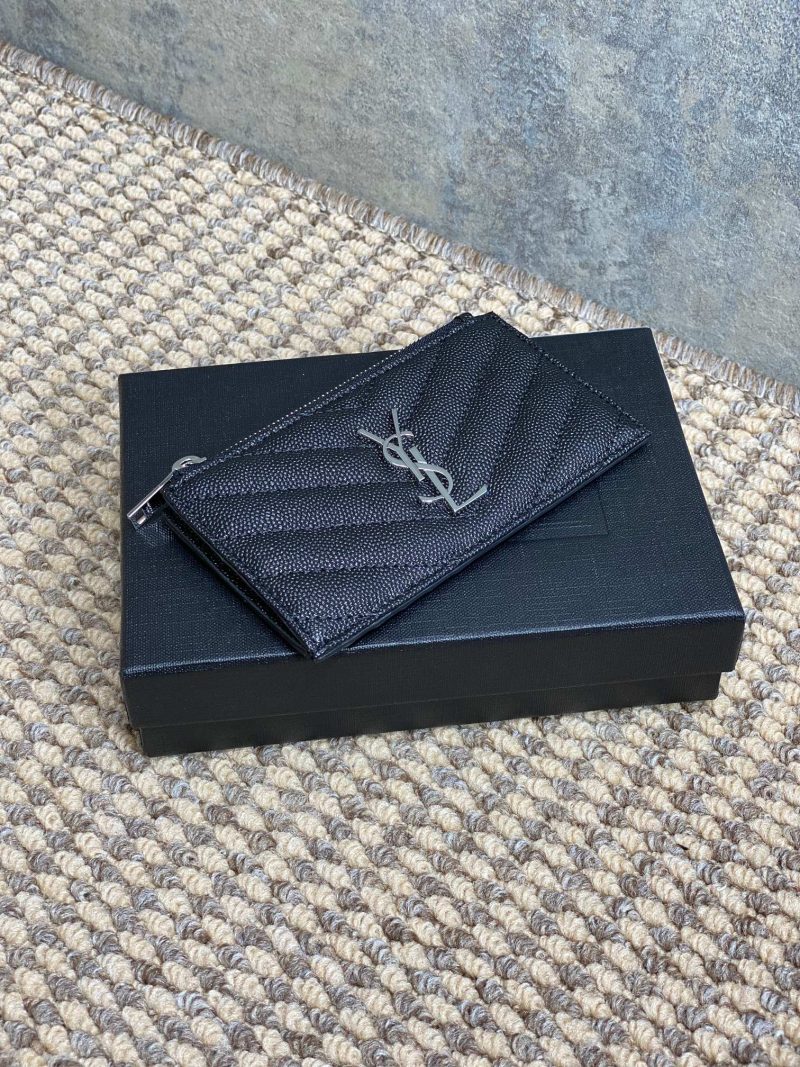 YSL Zip Coin Case With Card Black Caviar Cowhide Sliver HW