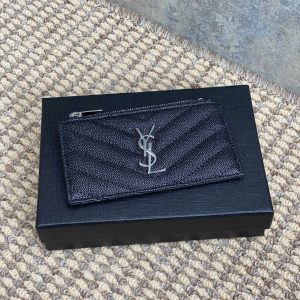 YSL Zip Coin Case With Card Black Caviar Cowhide Sliver HW