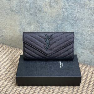 YSL Cassandre Envelope Flap Wallet Full Black Caviar Cowhide