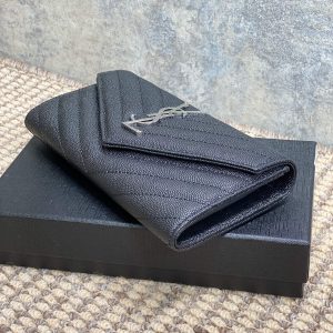 YSL Cassandre Envelope Flap Wallet Black Caviar Cowhide Sliver HW
