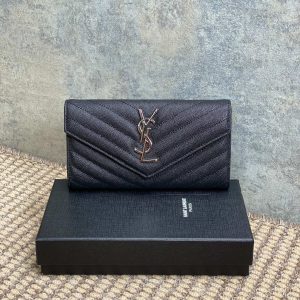 YSL Cassandre Envelope Flap Wallet Black Caviar Cowhide Sliver HW