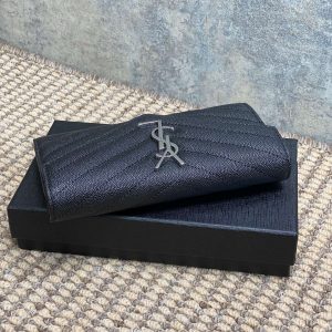 YSL Cassandre Envelope Flap Wallet Black Caviar Cowhide Sliver HW