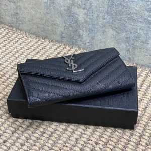 YSL Cassandre Envelope Flap Wallet Black Caviar Cowhide Sliver HW