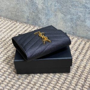 YSL Compact Flap Cassendre Wallet 10cm Black Leather GHW
