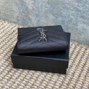 YSL Compact Flap Cassendre Wallet 10cm Black Leather Sliver HW