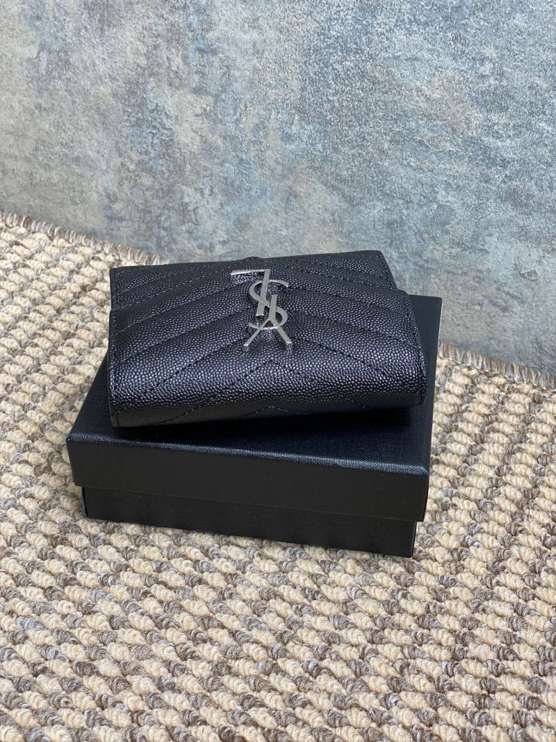 YSL Compact Flap Cassendre Wallet 10cm Black Leather Sliver HW