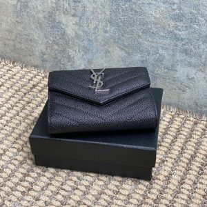YSL Compact Flap Cassendre Wallet 10cm Black Leather Sliver HW