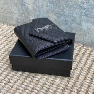 YSL Compact Flap Cassendre Wallet 10cm Black Leather Sliver HW